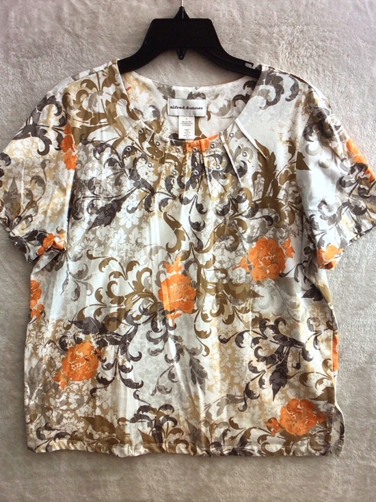 Alfred Dunner Tops - Alfred Dunner White Floral Short-Sleeve Blouse with Orange Accents